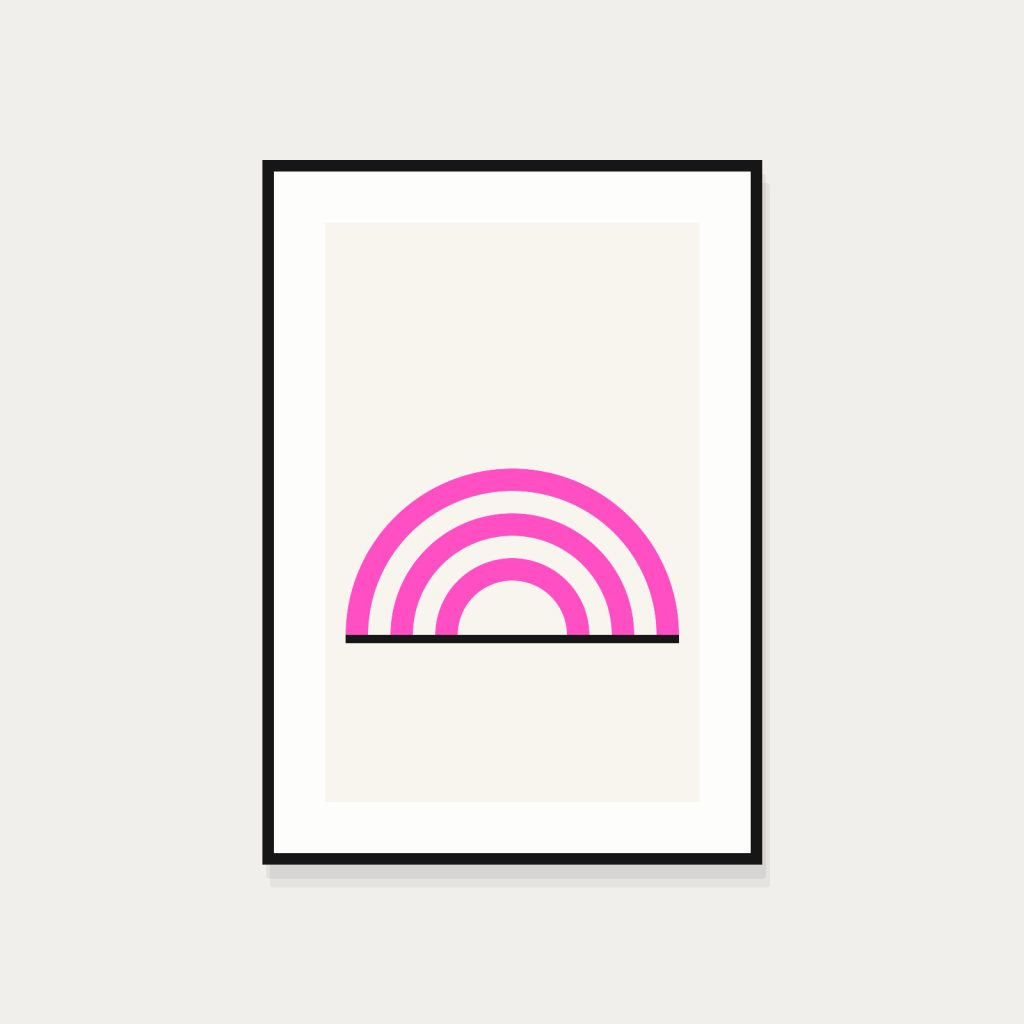 Screen print of concentric arcs in a black oak frame