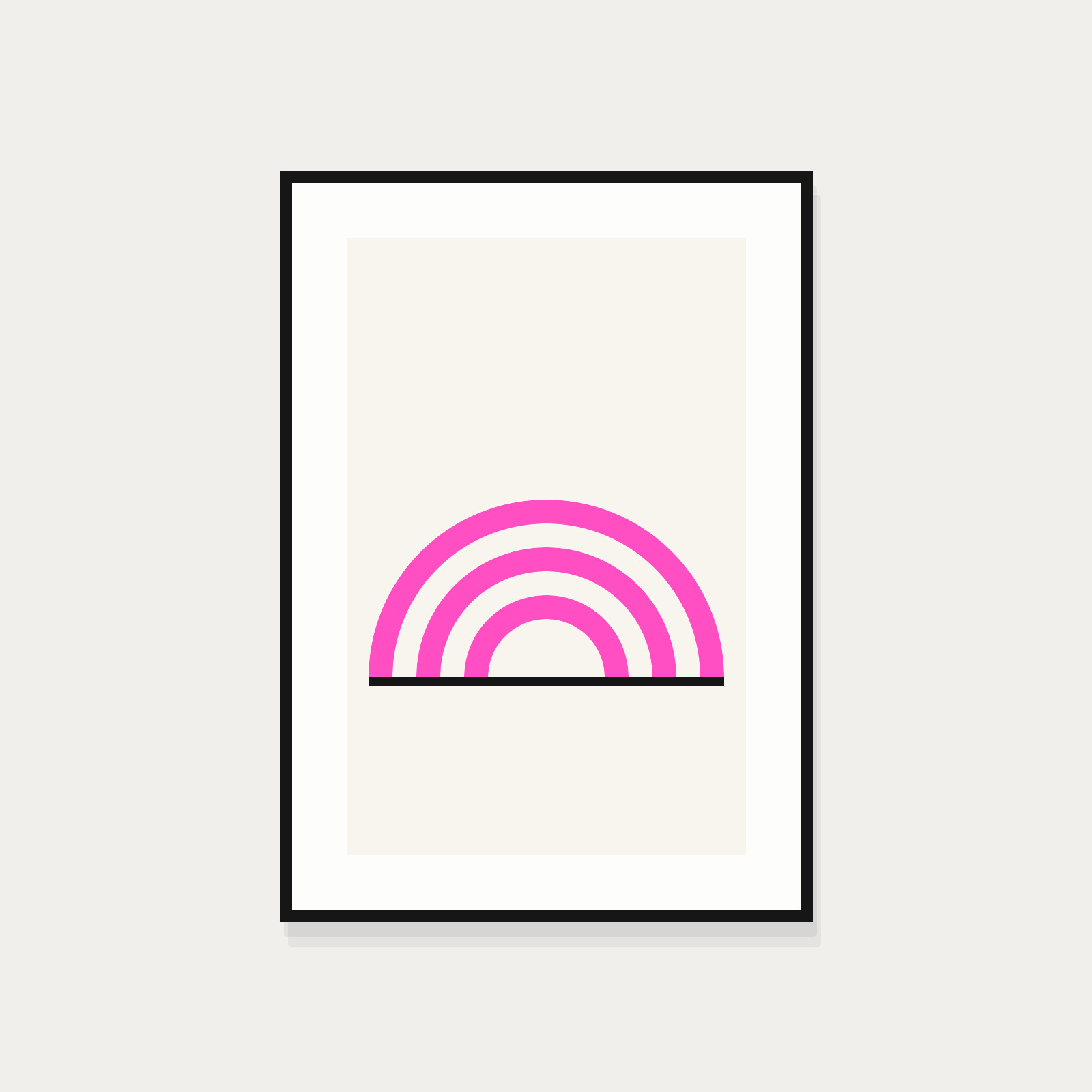 Screen print of concentric arcs in a black oak frame