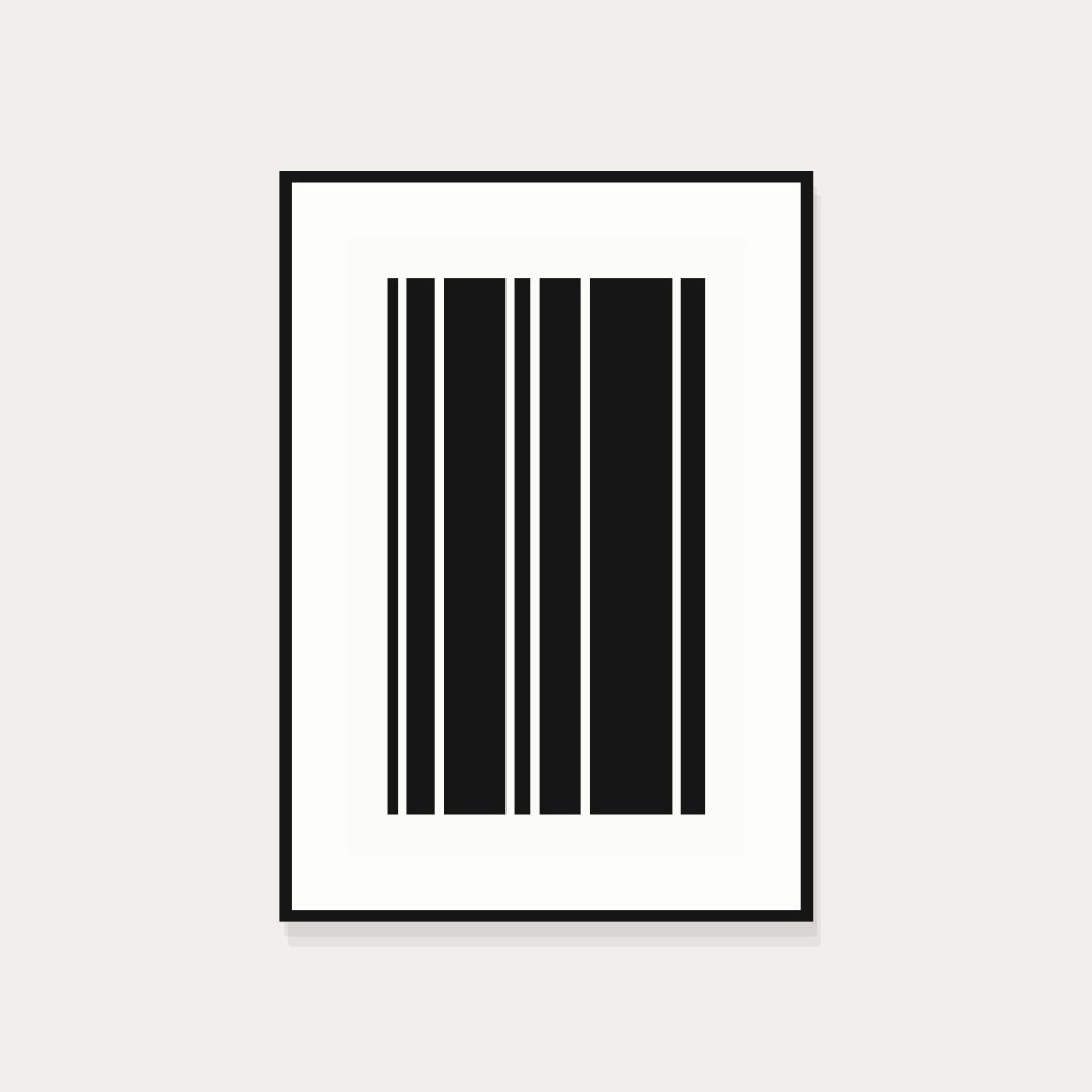 Screen print of vertical bars in a black oak frame