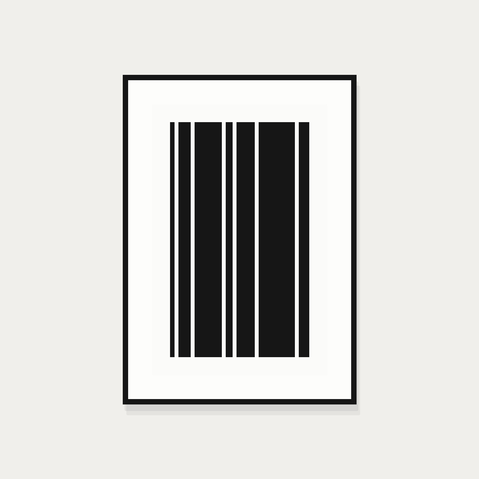 Screen print of vertical bars in a black oak frame