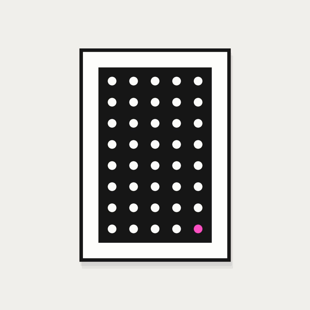 Screen print of a dot grid in a black oak frame
